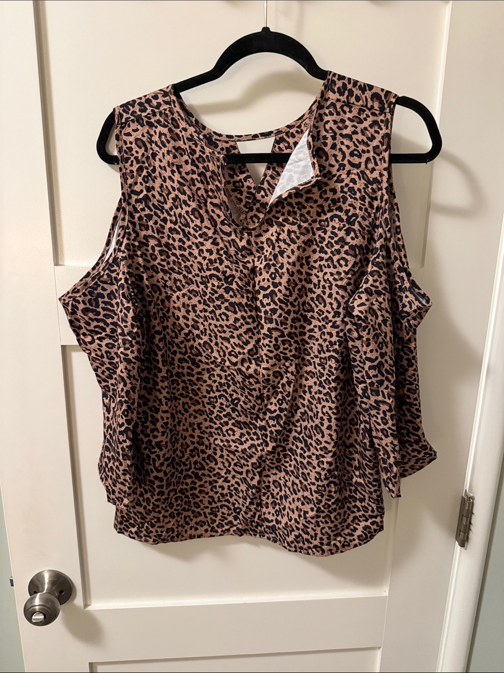 Leopard Print Cold-Shoulder Women's Top - Brown/Black - Picture 1 of 5